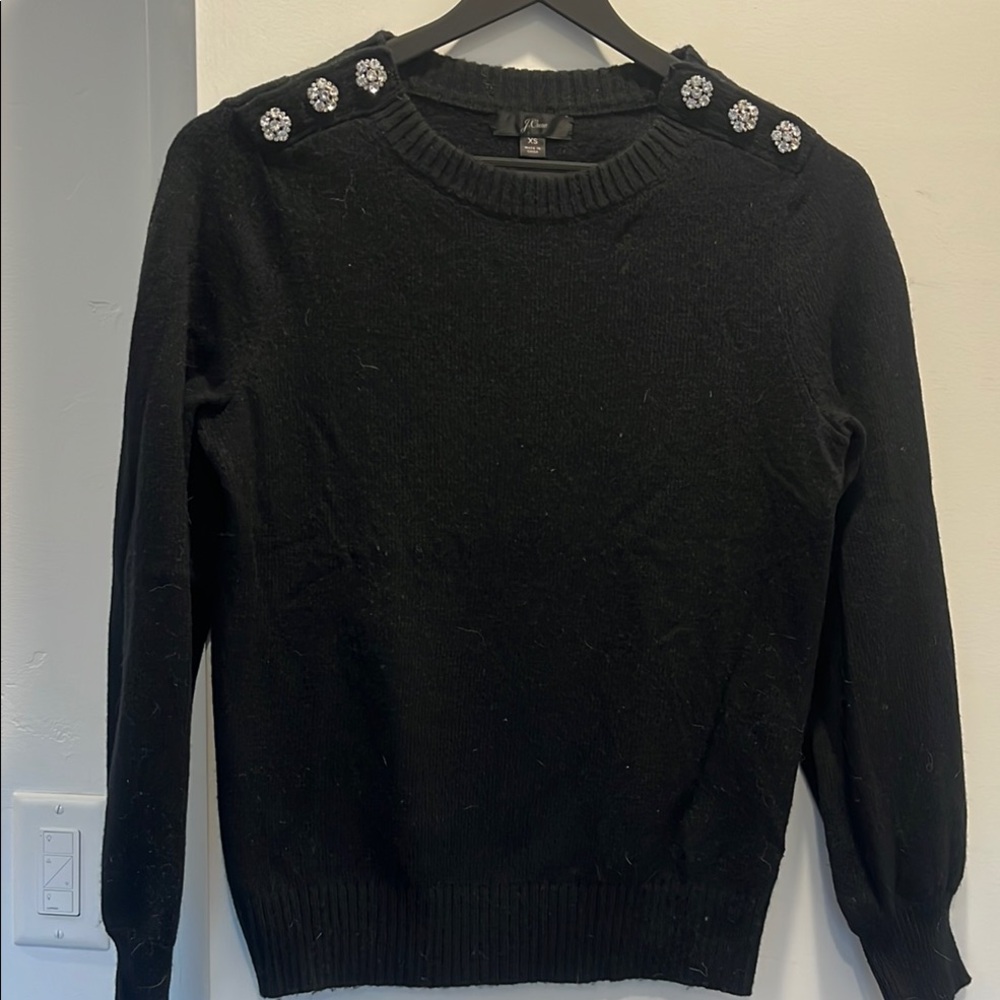 J. Crew Black Sweater with Embellished Rhinestone Buttons on Shoulders